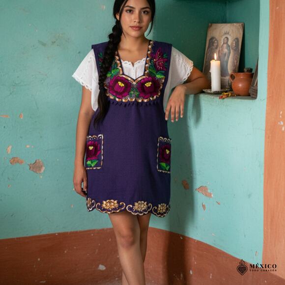 Purple Mexican Embroidered Apron – Standard Kitchen Apron Floral Embroidery - Picture 4 of 8